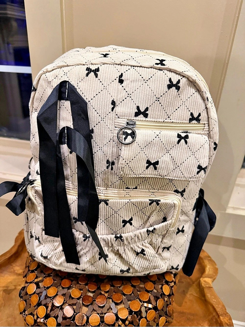 New Corduroy Cream & Black Bow Print Backpack Travel Overnight Bag Cosplay